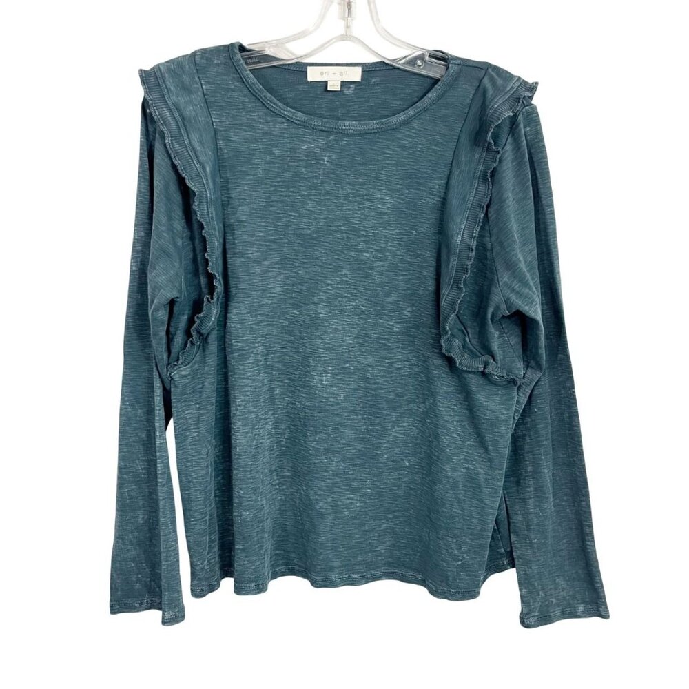 Anthropologie Eri +‎ Ali Acid Washed Ruffle Long Sleeve Top Dark Teal Size Large